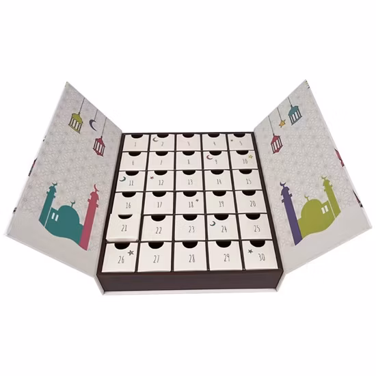 Boîtes d'emballage en papier de conception personnalisée Cadeau de chocolat de qualité alimentaire Cadeau de vacances 12 jours Compte à rebours de Noël Calendrier de l'Avent du Ramadan Boîte aveugle
